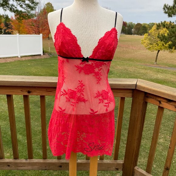 Victoria's Secret Very Sexy Red Lace Babydoll Lingerie L Strappy Romantic Floral - Picture 1 of 13